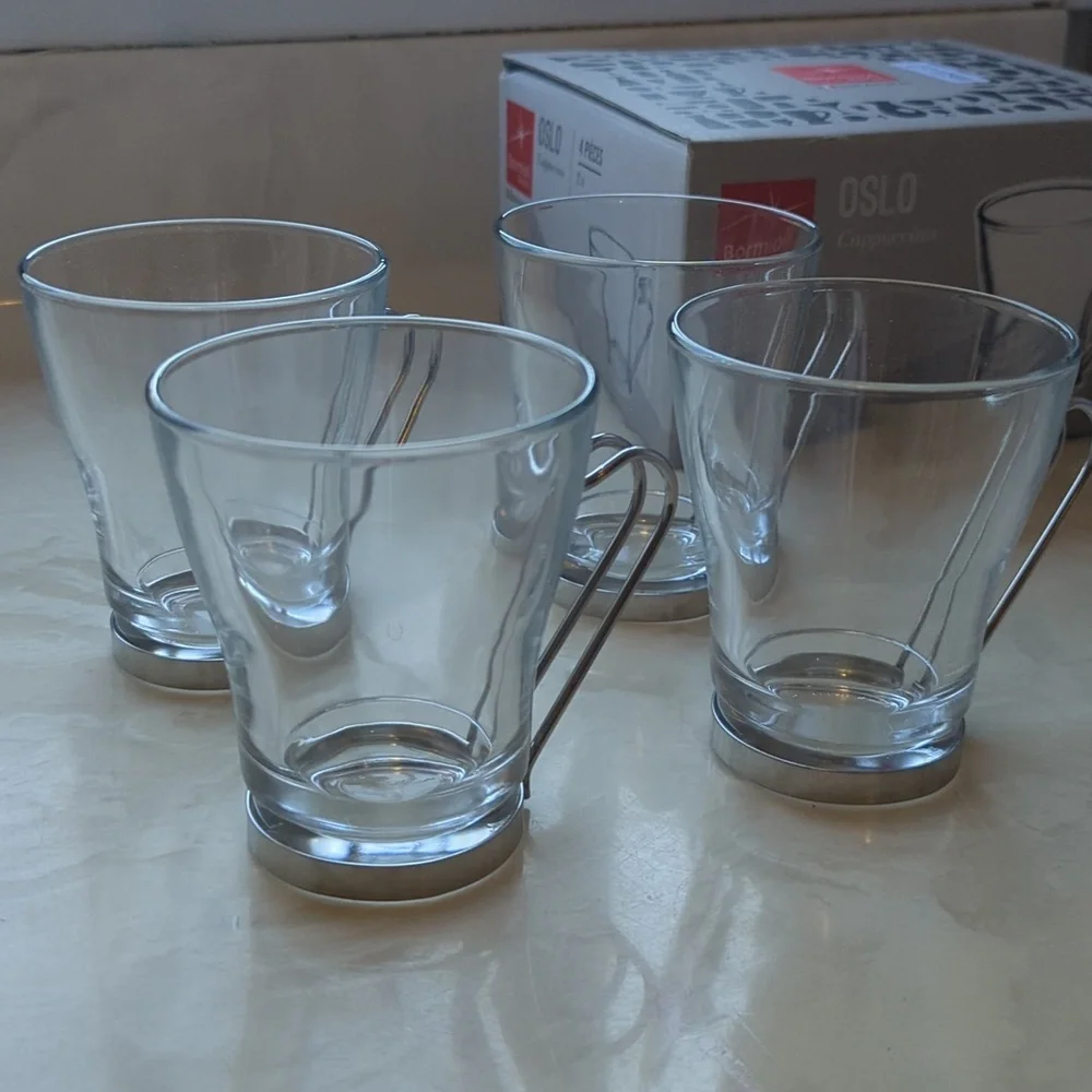 Bormioli Oslo Cappuccino Glass Cups with Silver Handles (4) NIB